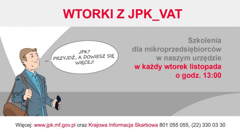 Grafika zapraszająca na spotkanie w Urzędzie Skarbowym w sprawie JPK_VAT